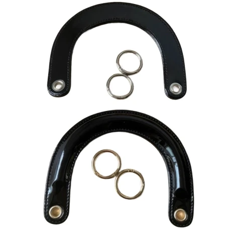 Dior-style glossy patent leather bag handles complete with gold rings for mounting