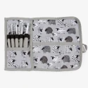 Set of 5 assorted aluminium crochet hooks with grey sheep pattern case