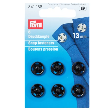 Black metal press studs, 13 mm, for sewing - 34168 Prym