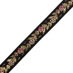 Black trimmings with pink and lilac floral embroidery and gold lurex details 1.5 cm high