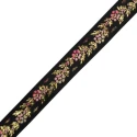 Nastro Passamaneria nero con ricamo floreale rosa e lilla e dettagli in lurex oro alto 1,5 cm