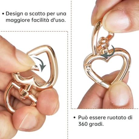Moschettoni a cuore in metallo, eleganza e funzionalità per borse e accessori