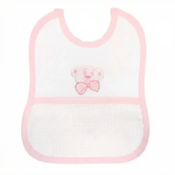 Pink teddy baby bib with Aida cloth insert for cross-stitch