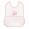 Pink teddy baby bib with Aida cloth insert for cross-stitch
