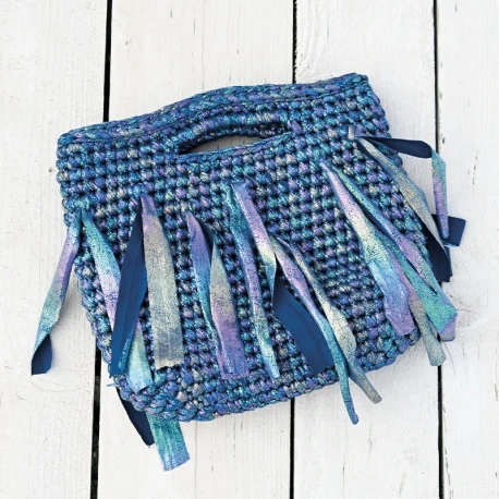 Iridescent metallic Lycra ribbon yarn for handmade bags