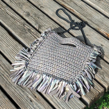 Iridescent metallic Lycra ribbon yarn for handmade bags
