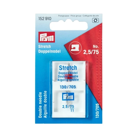 Aghi per macchina gemelli STRETCH con testa piatta per cuciture doppie e decorative, 75mm/2,5 mm - 152910 Prym