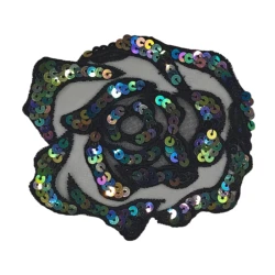 Black tulle and sequin flower sew-on appliqué patch