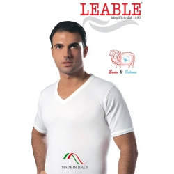 Maglia uomo a manica corta con scollo a V in Lana e Cotone Leable