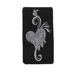 Rectangular black iron-on patch with silver glitter heart