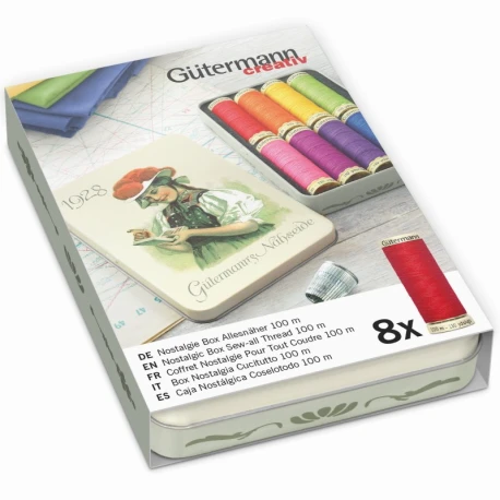 Set Box nostalgia con 8 spole di filo per cucire Gutermann in colori chiari