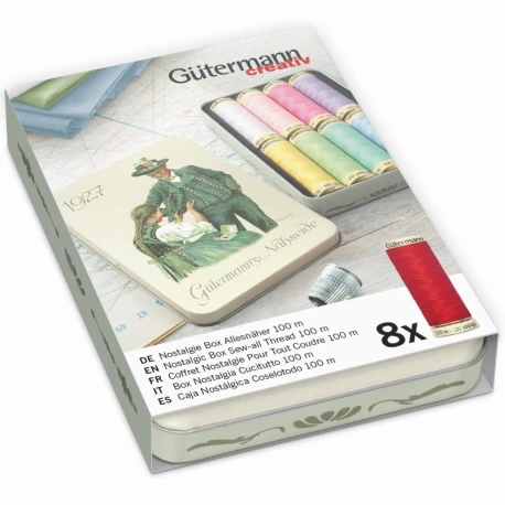 Set Box nostalgia con 8 spole di filo per cucire Gutermann in colori pastello