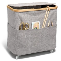 Foldable canvas and bamboo knitting basket with wheels - 612055 Prym