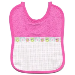 Terry baby bib with animal ribbon and Aida embroidery insert