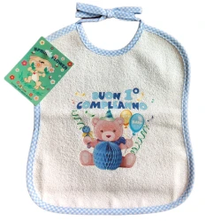 Bavaglino neonato il mio primo compleanno, bavetta con laccetti celeste da bambino