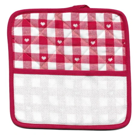 Set of 2 pot holders with Aida cloth to embroider with red squares and hearts pattern - BM Ricami