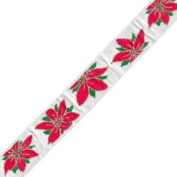 3 cm white jacquard Christmas ribbon with poinsettias