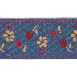 	Passamaneria bordo decorativo 4,5cm nastro ricamato in fantasia a fiori blu jeans