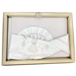 Completo lenzuolino neonato da Culla in colore rosa con ricamo di gran pregio