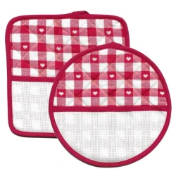 Set of 2 pot holders with Aida cloth to embroider with red squares and hearts pattern - BM Ricami