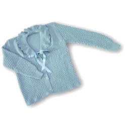 Button-front wool blend bed jacket with satin bow