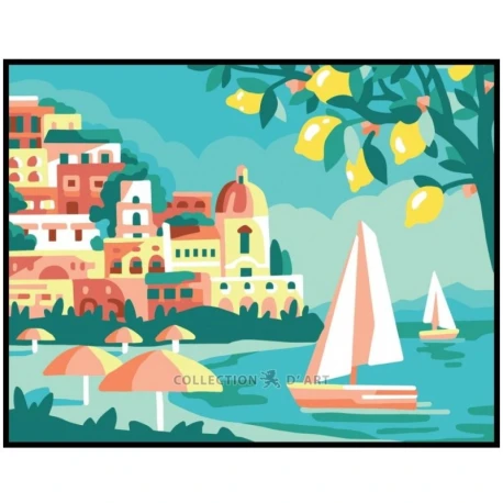 Kit Mezzopunto paesaggio con barche a vela e limoni - set completo di ago e fili 3387K Collection D'Art